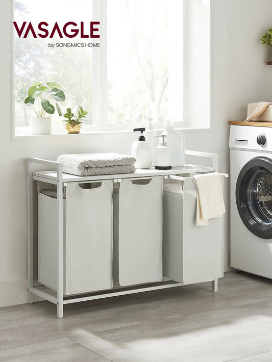VASAGLE Laundry Hamper, Laundry Basket, Laundry Sorter With 3 Pull-Out And Removable Bags, 1 Storage Shelf, 10 Gal Capacity Per Bag, For Bathroom, Laundry Room, Cream White And Cloud White UBLH301W01