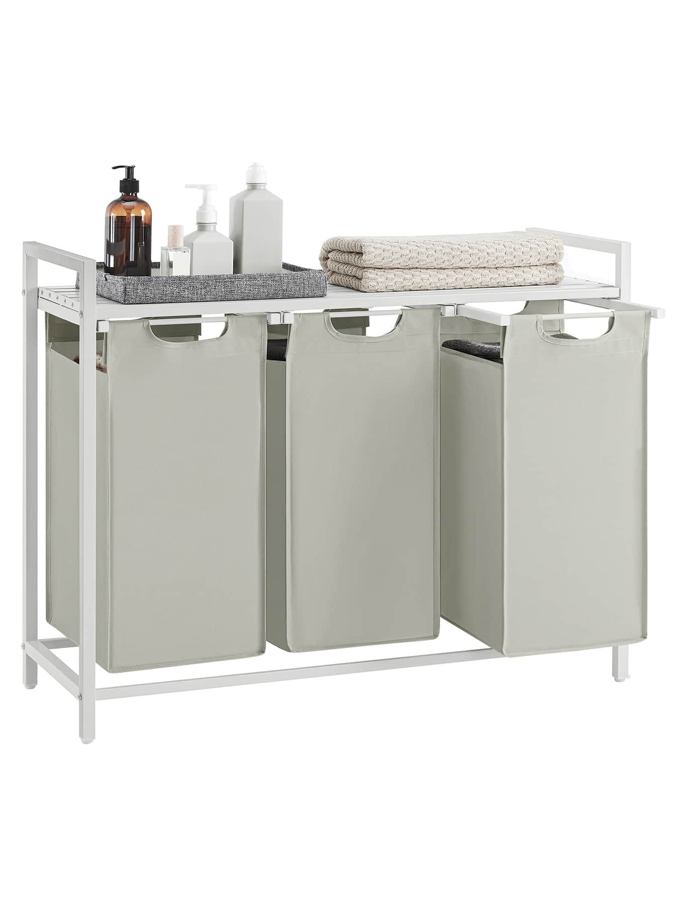 VASAGLE Laundry Hamper, Laundry Basket, Laundry Sorter With 3 Pull-Out And Removable Bags, 1 Storage Shelf, 10 Gal Capacity Per Bag, For Bathroom, Laundry Room, Cream White And Cloud White UBLH301W01