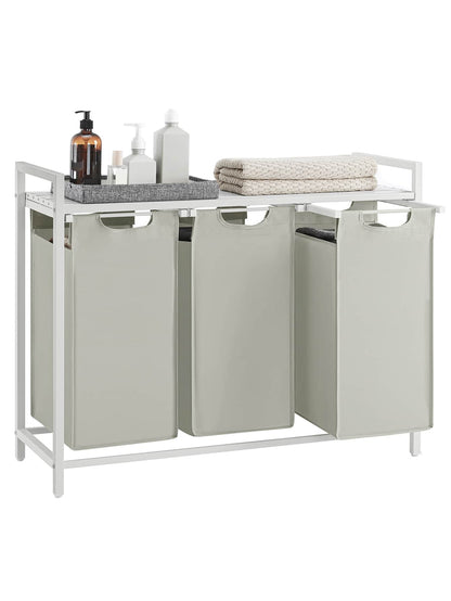 VASAGLE Laundry Hamper, Laundry Basket, Laundry Sorter With 3 Pull-Out And Removable Bags, 1 Storage Shelf, 10 Gal Capacity Per Bag, For Bathroom, Laundry Room, Cream White And Cloud White UBLH301W01