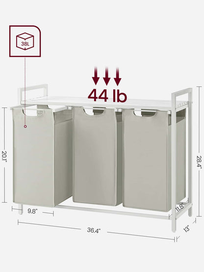 VASAGLE Laundry Hamper, Laundry Basket, Laundry Sorter With 3 Pull-Out And Removable Bags, 1 Storage Shelf, 10 Gal Capacity Per Bag, For Bathroom, Laundry Room, Cream White And Cloud White UBLH301W01