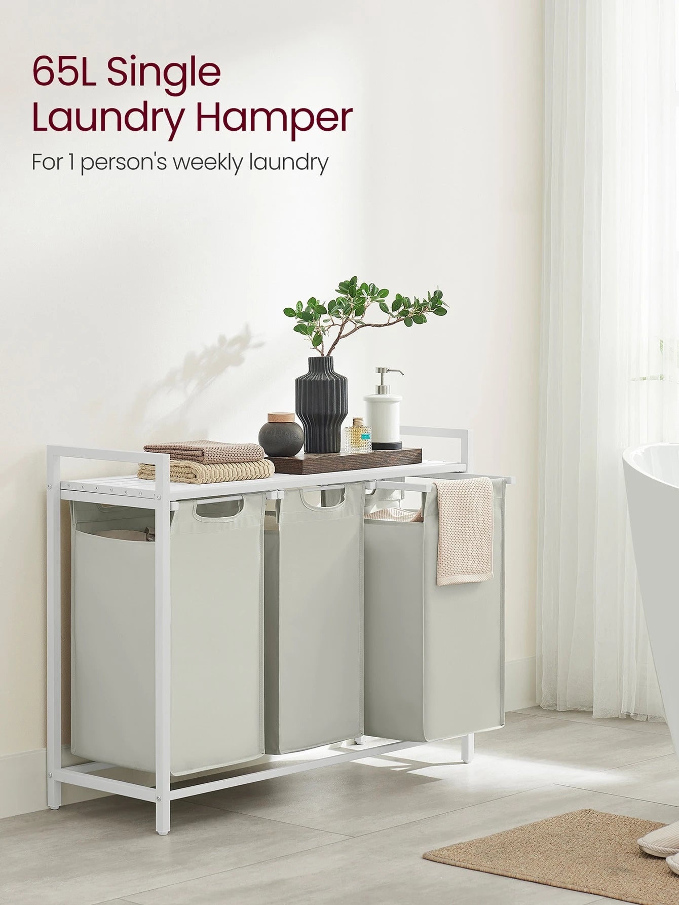 VASAGLE Laundry Hamper, Laundry Basket, Laundry Sorter With 3 Pull-Out And Removable Bags, 1 Storage Shelf, 10 Gal Capacity Per Bag, For Bathroom, Laundry Room, Cream White And Cloud White UBLH301W01