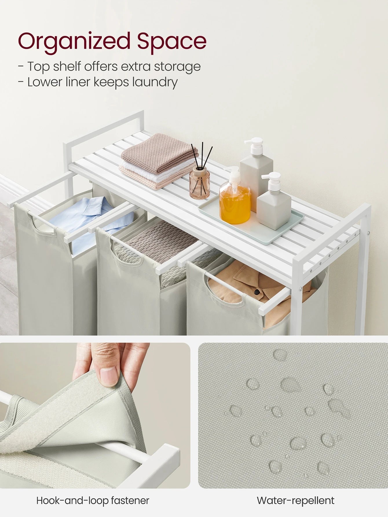 VASAGLE Laundry Hamper, Laundry Basket, Laundry Sorter With 3 Pull-Out And Removable Bags, 1 Storage Shelf, 10 Gal Capacity Per Bag, For Bathroom, Laundry Room, Cream White And Cloud White UBLH301W01