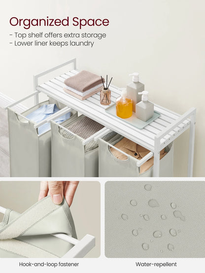 VASAGLE Laundry Hamper, Laundry Basket, Laundry Sorter With 3 Pull-Out And Removable Bags, 1 Storage Shelf, 10 Gal Capacity Per Bag, For Bathroom, Laundry Room, Cream White And Cloud White UBLH301W01