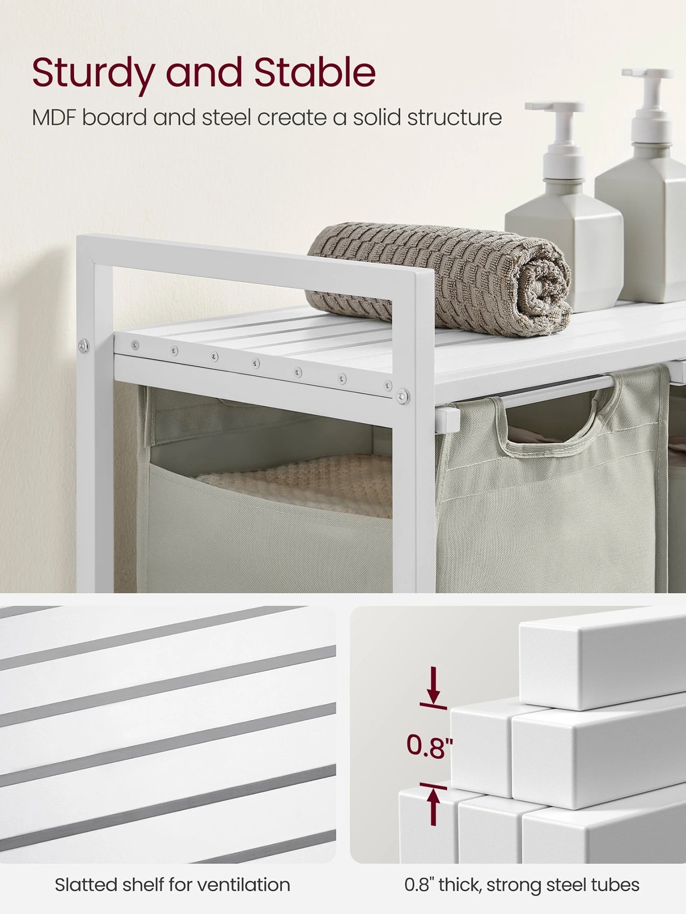 VASAGLE Laundry Hamper, Laundry Basket, Laundry Sorter With 3 Pull-Out And Removable Bags, 1 Storage Shelf, 10 Gal Capacity Per Bag, For Bathroom, Laundry Room, Cream White And Cloud White UBLH301W01