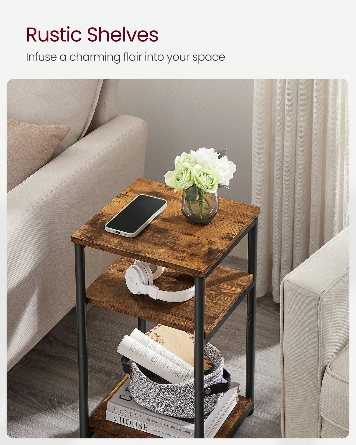 VASAGLE Side Table, Small End Table, Tall Nightstand For Living Room, Bedroom, Office, Bathroom