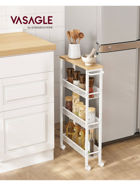 VASAGLE Slim Storage Cart, 4-Tier Rolling Cart Tower, Slide Out Cart With Handle Metal Mobile Shelving Unit For Kitchen Dining Living Room Office Narrow Places