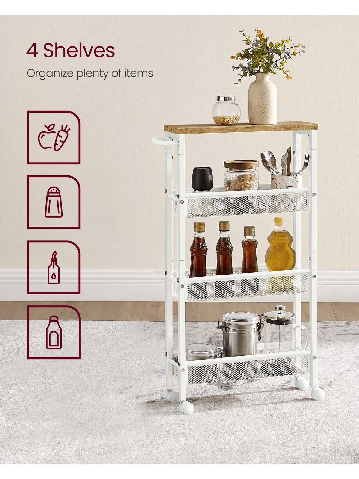 VASAGLE Slim Storage Cart, 4-Tier Rolling Cart Tower, Slide Out Cart With Handle Metal Mobile Shelving Unit For Kitchen Dining Living Room Office Narrow Places