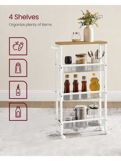 VASAGLE Slim Storage Cart, 4-Tier Rolling Cart Tower, Slide Out Cart With Handle Metal Mobile Shelving Unit For Kitchen Dining Living Room Office Narrow Places
