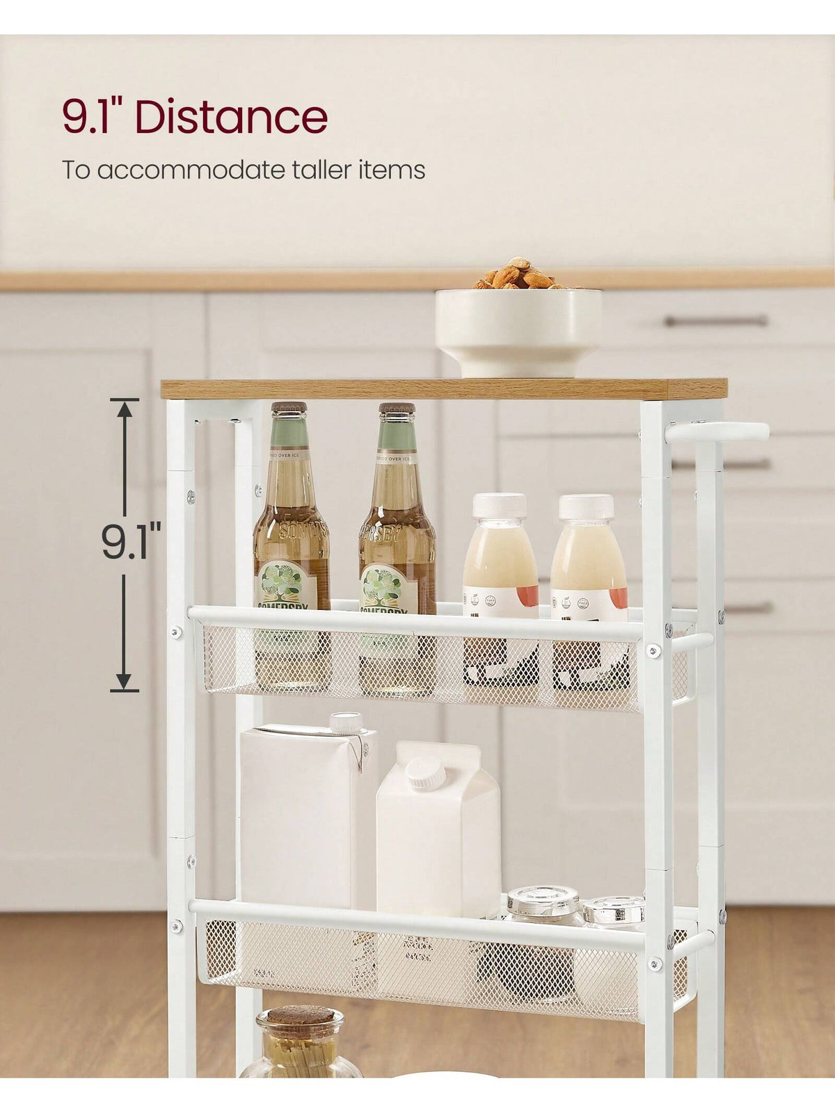 VASAGLE Slim Storage Cart, 4-Tier Rolling Cart Tower, Slide Out Cart With Handle Metal Mobile Shelving Unit For Kitchen Dining Living Room Office Narrow Places