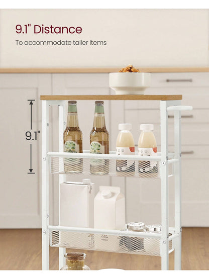 VASAGLE Slim Storage Cart, 4-Tier Rolling Cart Tower, Slide Out Cart With Handle Metal Mobile Shelving Unit For Kitchen Dining Living Room Office Narrow Places