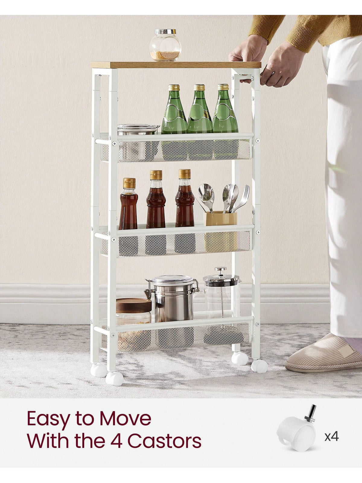 VASAGLE Slim Storage Cart, 4-Tier Rolling Cart Tower, Slide Out Cart With Handle Metal Mobile Shelving Unit For Kitchen Dining Living Room Office Narrow Places