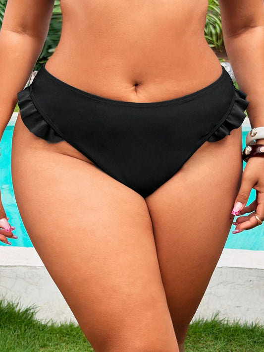 VCAY Plus Size Women Summer Beach Vacation Minimalist Solid Color Frill Trim Bikini Bottom