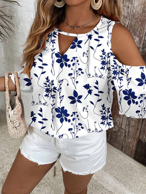 VCAY Plus Size Women Summer Boho Blue And White Floral Pattern Off-Shoulder Keyhole Collar Blouse,Holiday Vacation Cold Shoulder Casual All-Match Top Shirt
