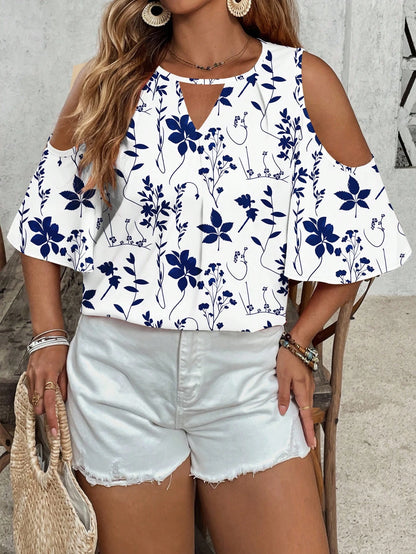 VCAY Plus Size Women Summer Boho Blue And White Floral Pattern Off-Shoulder Keyhole Collar Blouse,Holiday Vacation Cold Shoulder Casual All-Match Top Shirt