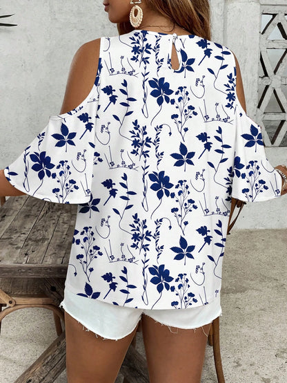 VCAY Plus Size Women Summer Boho Blue And White Floral Pattern Off-Shoulder Keyhole Collar Blouse,Holiday Vacation Cold Shoulder Casual All-Match Top Shirt
