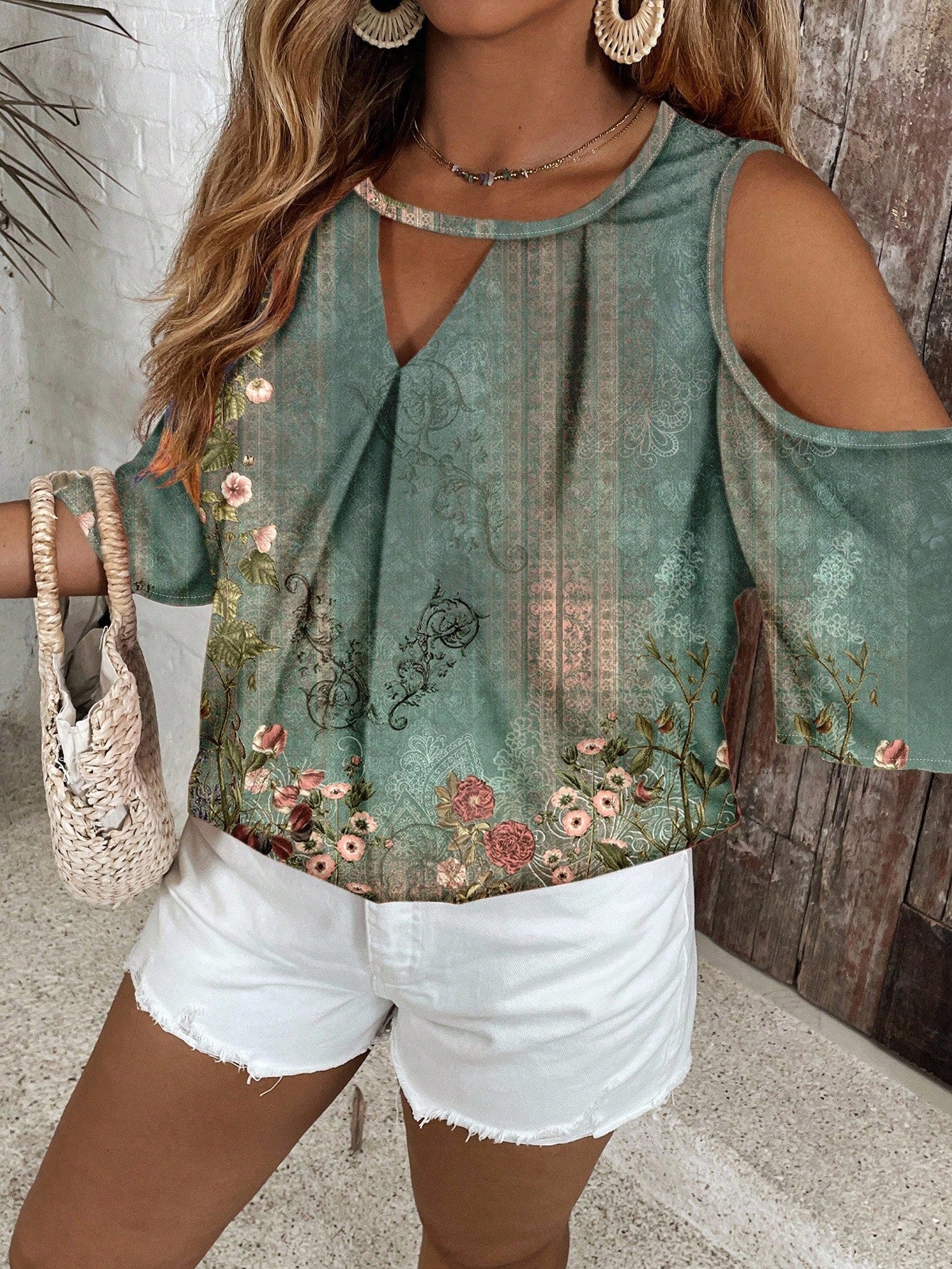 VCAY Women's Plus Size Sage Green Summer Elegant Vacation Off-Shoulder Retro Floral Keyhole Collar Shirt,Chic Versatile European Style Holiday Blouses