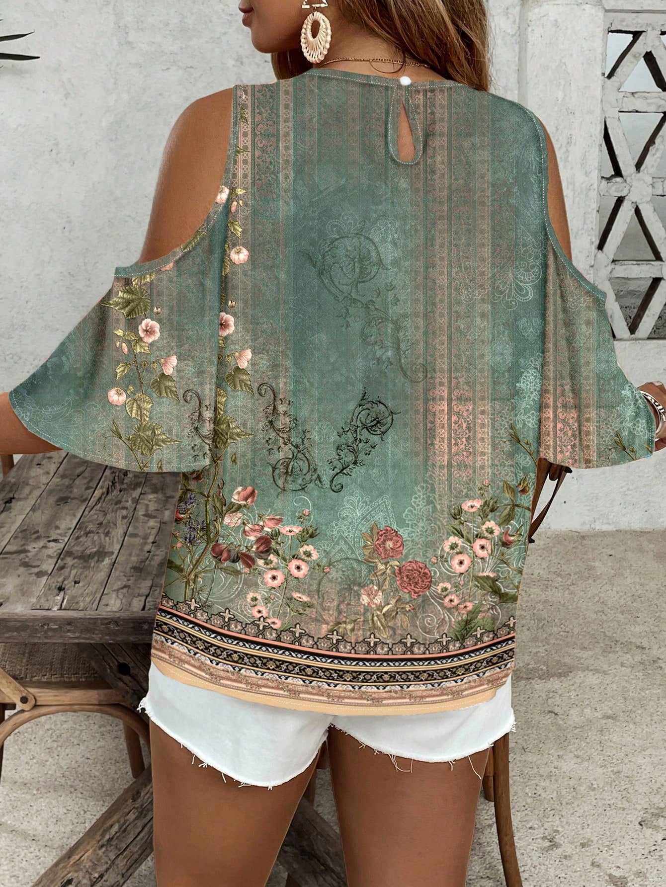 VCAY Women's Plus Size Sage Green Summer Elegant Vacation Off-Shoulder Retro Floral Keyhole Collar Shirt,Chic Versatile European Style Holiday Blouses