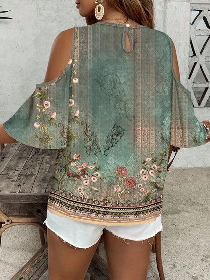 VCAY Women's Plus Size Sage Green Summer Elegant Vacation Off-Shoulder Retro Floral Keyhole Collar Shirt,Chic Versatile European Style Holiday Blouses