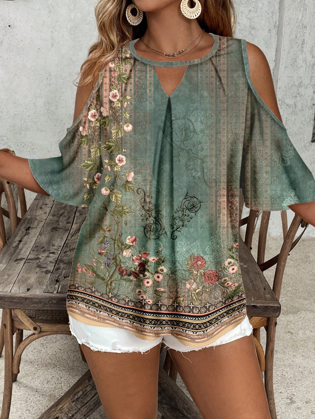 VCAY Women's Plus Size Sage Green Summer Elegant Vacation Off-Shoulder Retro Floral Keyhole Collar Shirt,Chic Versatile European Style Holiday Blouses
