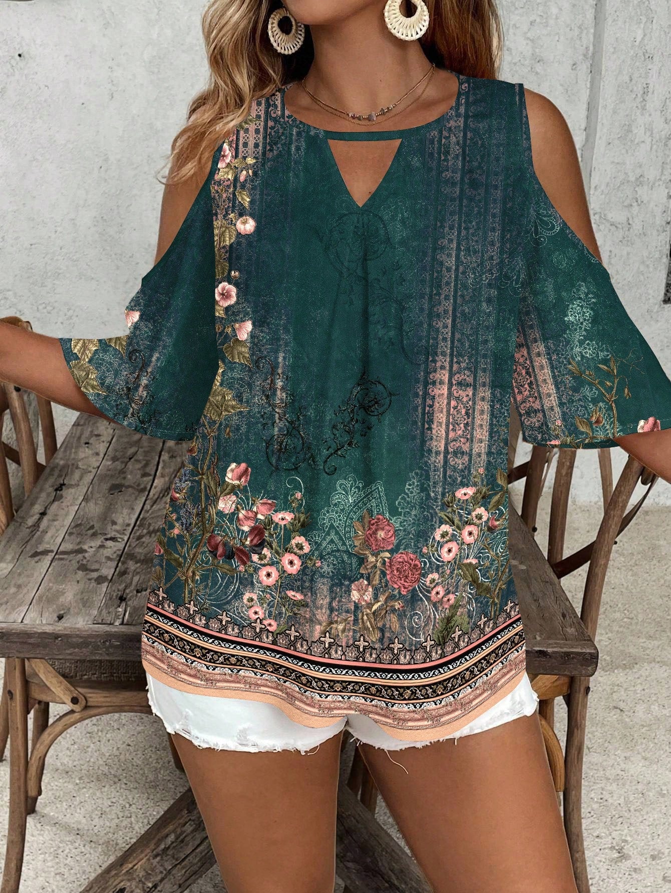 VCAY Women's Plus Size Sage Green Summer Elegant Vacation Off-Shoulder Retro Floral Keyhole Collar Shirt,Chic Versatile European Style Holiday Blouses