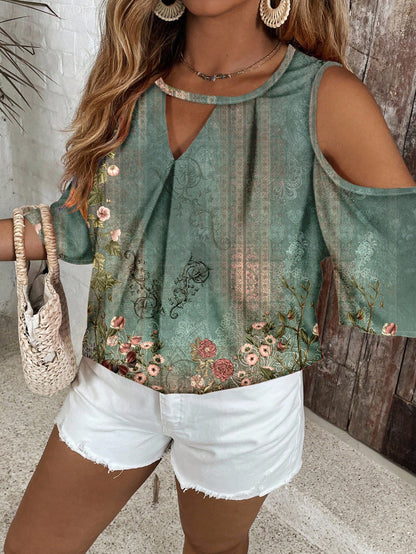VCAY Women's Plus Size Sage Green Summer Elegant Vacation Off-Shoulder Retro Floral Keyhole Collar Shirt,Chic Versatile European Style Holiday Blouses