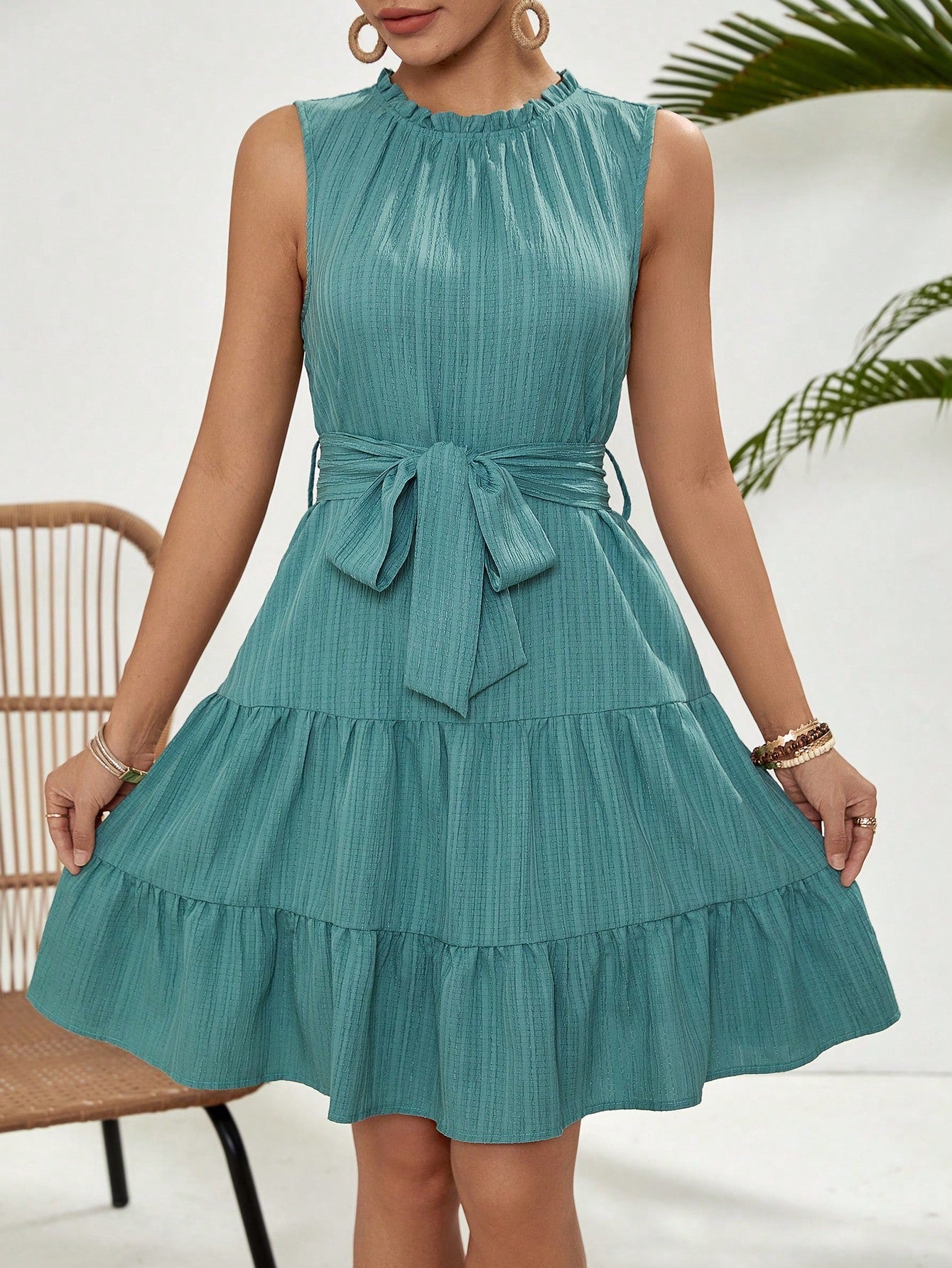 VCAY Women's Sleeveless Dress With Frill Hem & Fringe Details