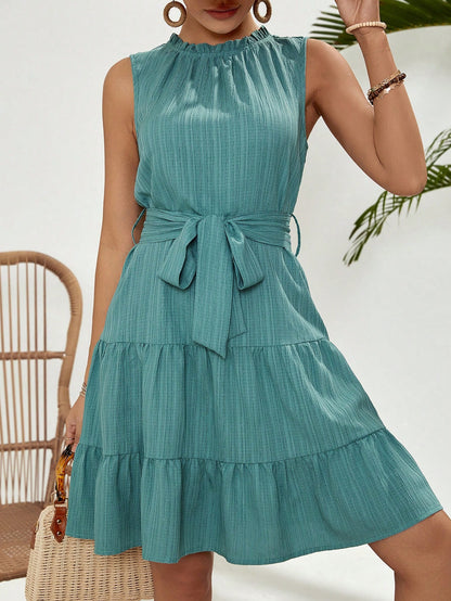 VCAY Women's Sleeveless Dress With Frill Hem & Fringe Details