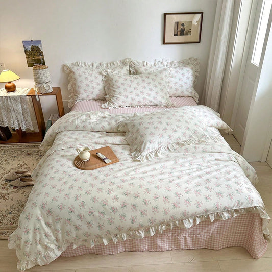 Vclife Pink Floral Comforter Set- 3 Piece Ruffled Lace Bedding Set 1 Full Comforter With 2 Pillowcases All Seasons, Soft Aesthetic Princess Style Floral Comforter For Girls, Women