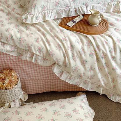Vclife Pink Floral Comforter Set- 3 Piece Ruffled Lace Bedding Set 1 Full Comforter With 2 Pillowcases All Seasons, Soft Aesthetic Princess Style Floral Comforter For Girls, Women