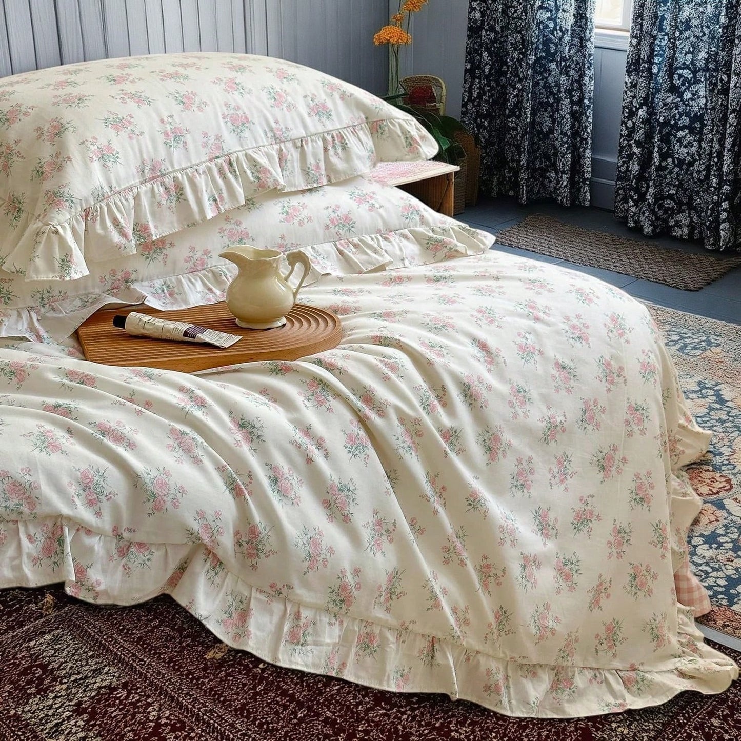 Vclife Pink Floral Comforter Set- 3 Piece Ruffled Lace Bedding Set 1 Full Comforter With 2 Pillowcases All Seasons, Soft Aesthetic Princess Style Floral Comforter For Girls, Women