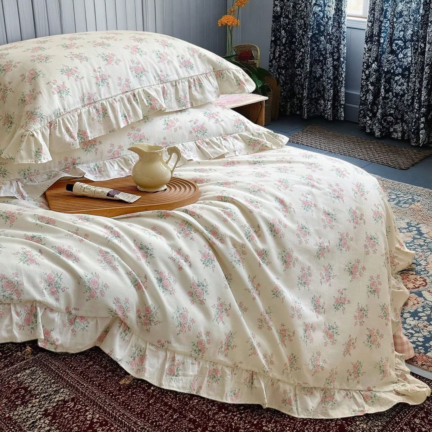 Vclife Pink Floral Comforter Set- 3 Piece Ruffled Lace Bedding Set 1 Full Comforter With 2 Pillowcases All Seasons, Soft Aesthetic Princess Style Floral Comforter For Girls, Women