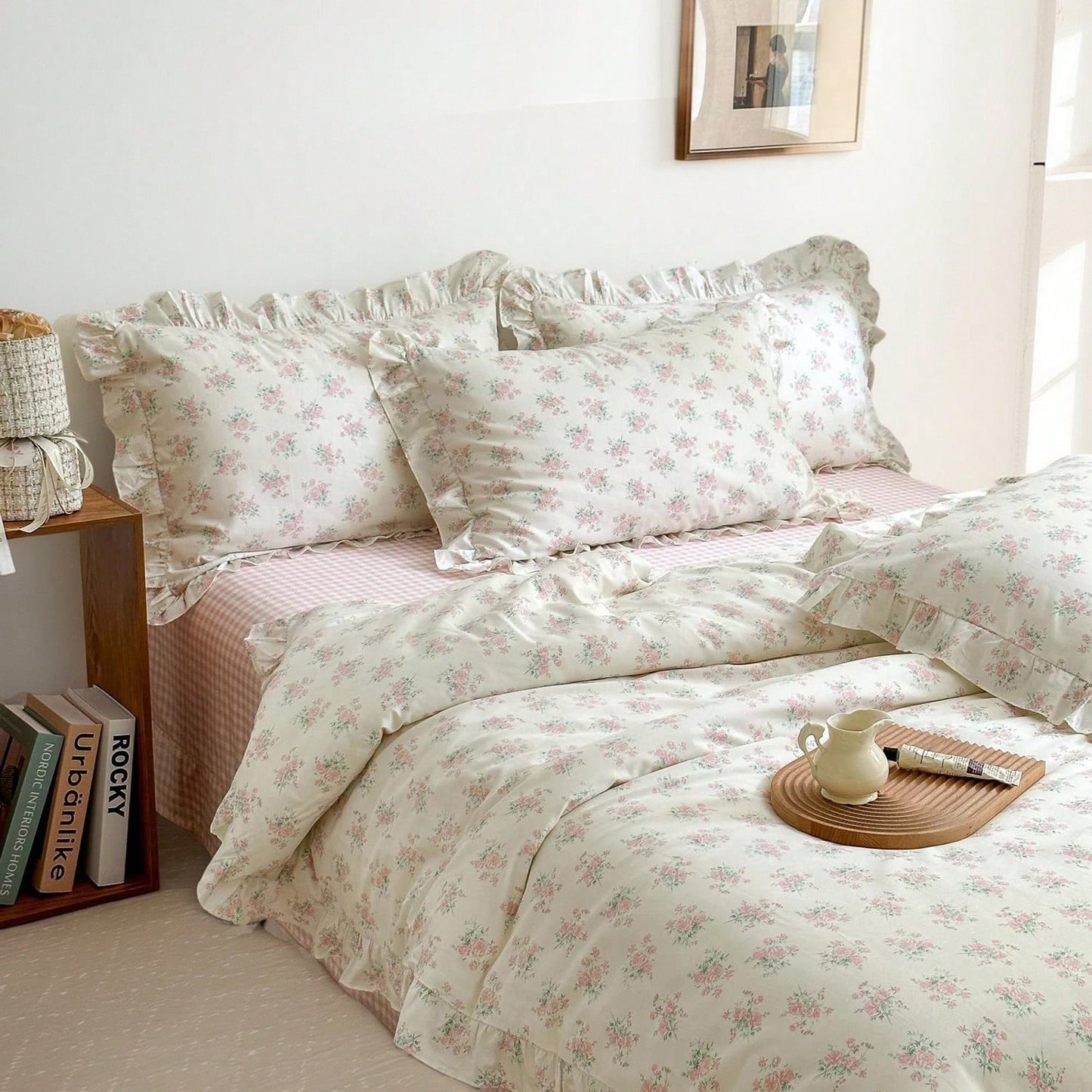 Vclife Pink Floral Comforter Set- 3 Piece Ruffled Lace Bedding Set 1 Full Comforter With 2 Pillowcases All Seasons, Soft Aesthetic Princess Style Floral Comforter For Girls, Women