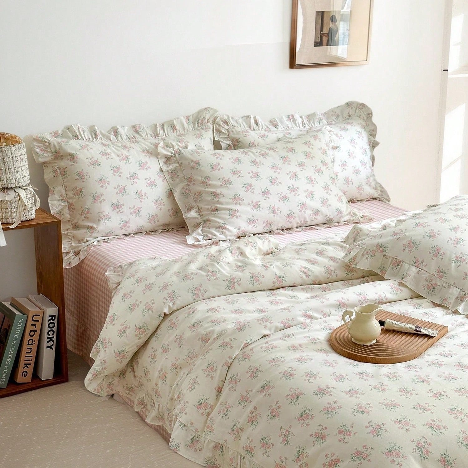 Vclife Pink Floral Comforter Set- 3 Piece Ruffled Lace Bedding Set 1 Full Comforter With 2 Pillowcases All Seasons, Soft Aesthetic Princess Style Floral Comforter For Girls, Women