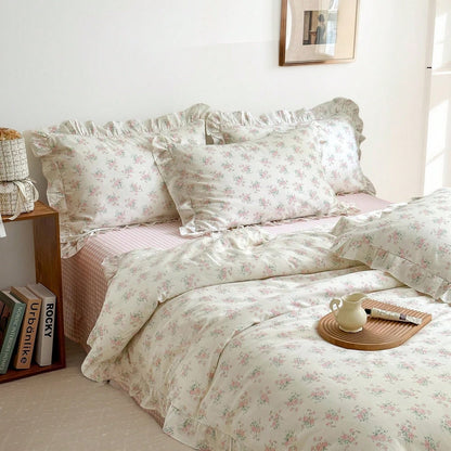 Vclife Pink Floral Comforter Set- 3 Piece Ruffled Lace Bedding Set 1 Full Comforter With 2 Pillowcases All Seasons, Soft Aesthetic Princess Style Floral Comforter For Girls, Women