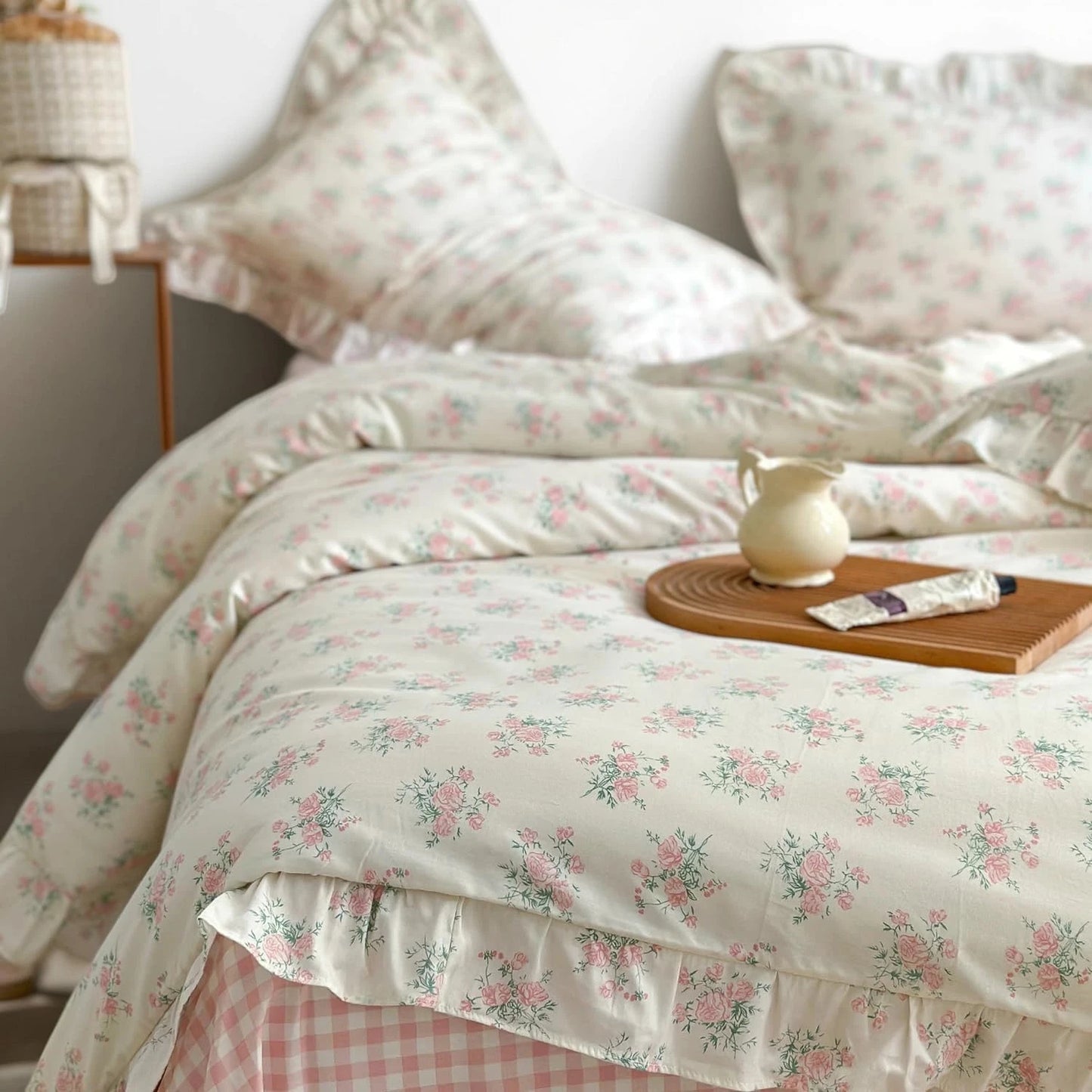 Vclife Pink Floral Comforter Set- 3 Piece Ruffled Lace Bedding Set 1 Full Comforter With 2 Pillowcases All Seasons, Soft Aesthetic Princess Style Floral Comforter For Girls, Women