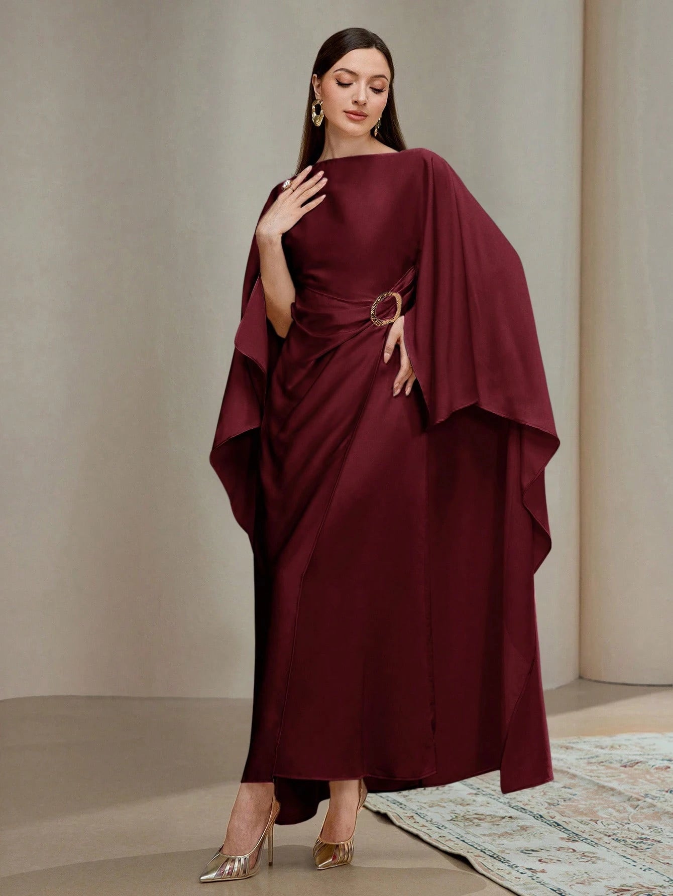 Veilorie Women's Elegant Solid Color Asymmetrical Metal Ring Dress Cape Dress Luxury Dress For Women Assymetrical Dress For Women
