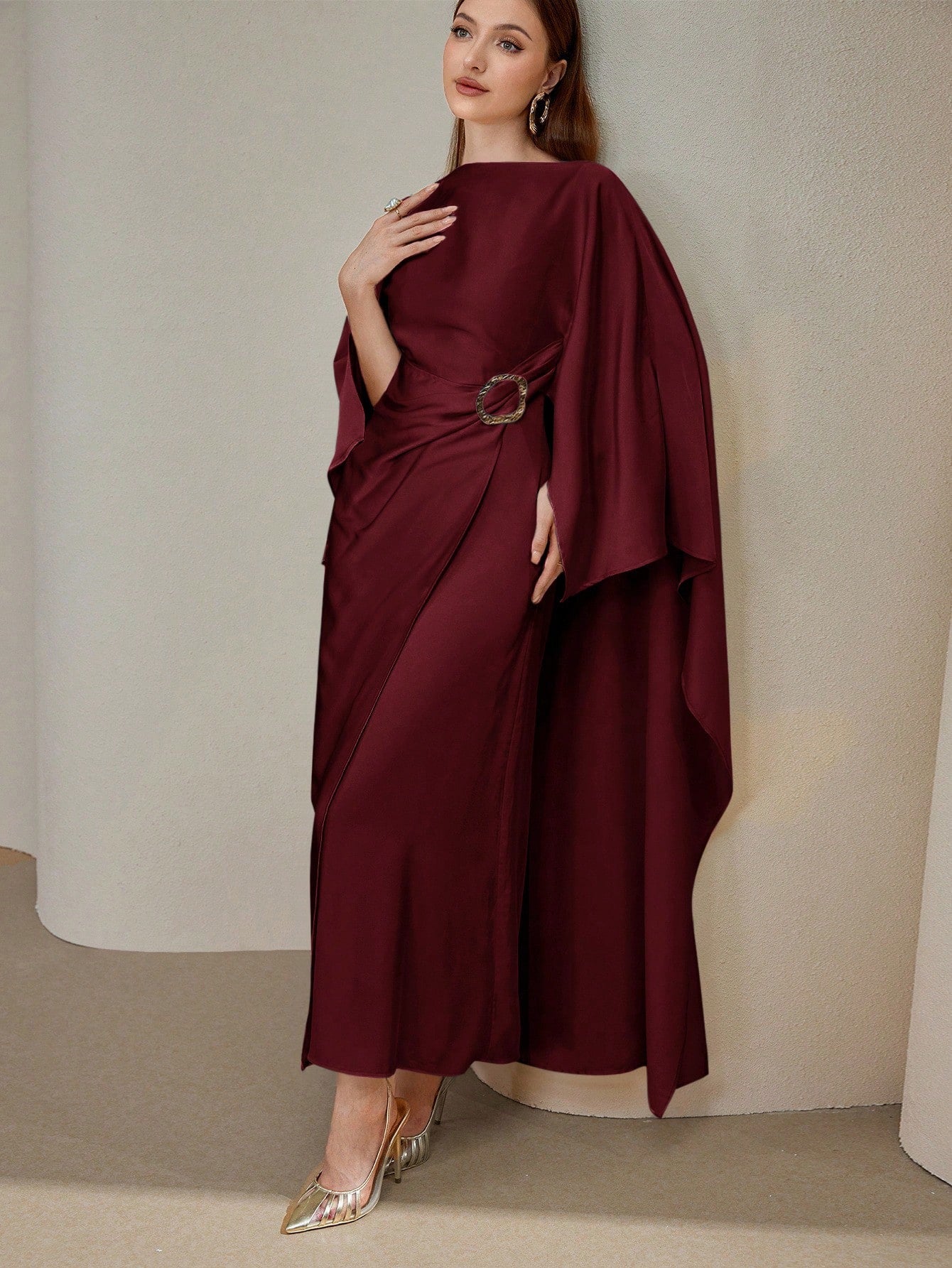 Veilorie Women's Elegant Solid Color Asymmetrical Metal Ring Dress Cape Dress Luxury Dress For Women Assymetrical Dress For Women