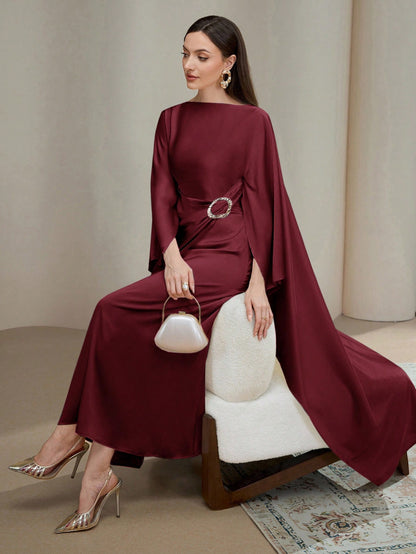 Veilorie Women's Elegant Solid Color Asymmetrical Metal Ring Dress Cape Dress Luxury Dress For Women Assymetrical Dress For Women