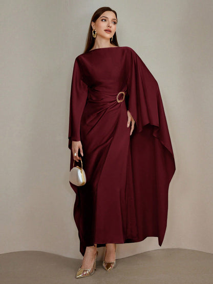 Veilorie Women's Elegant Solid Color Asymmetrical Metal Ring Dress Cape Dress Luxury Dress For Women Assymetrical Dress For Women