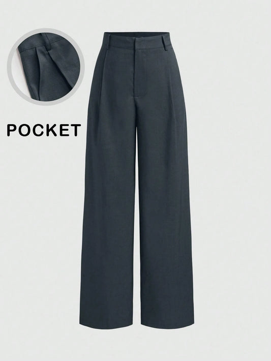 Vela Rue Minimalist Design Hook & Button Thin Slightly Sheer Navy Blue Solid Color Suit Pants With Zipper Hook & Button Wide Leg Slimming All Season Fashion Wide Leg Pants