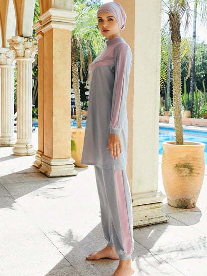VFJ Female Swimwear, Islamic Dignified Swimwear 3 Pieces Set, Gray And Pink Patchwork Full Set, Long Sleeved Burkini Dress+Pants Vacation Beach Summer