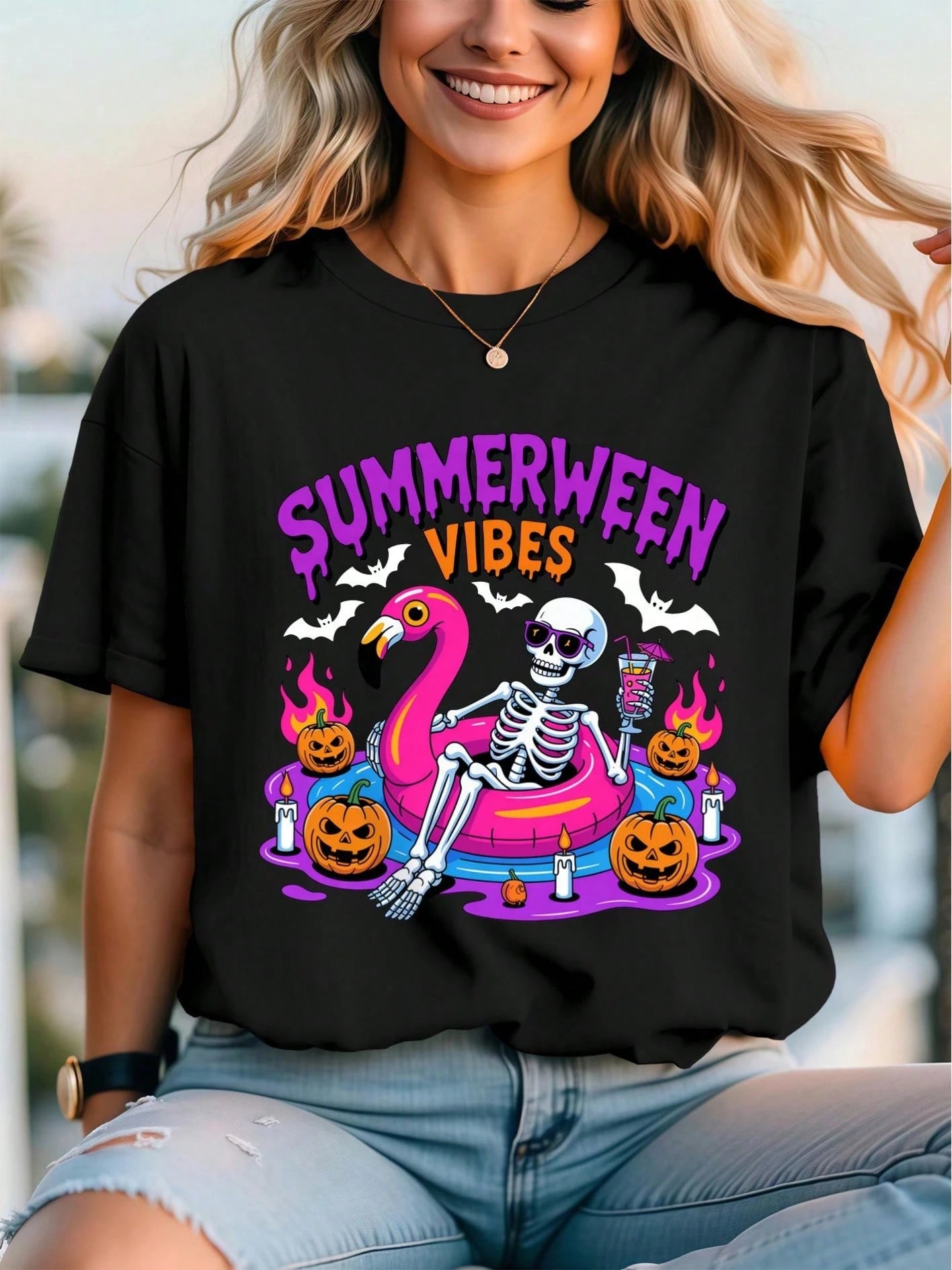 Vibrant And Fun Short-Sleeve T-Shirt For Women, Summerween Halloween Skull Flamingo Fun Print T-Shirt, Comfortable And Breathable Fabric, Summer Crew
