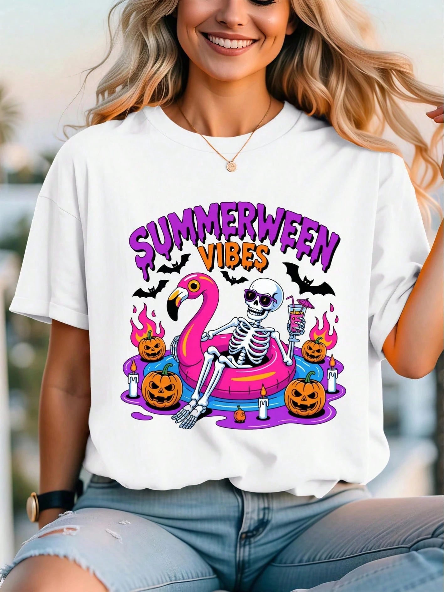 Vibrant And Fun Short-Sleeve T-Shirt For Women, Summerween Halloween Skull Flamingo Fun Print T-Shirt, Comfortable And Breathable Fabric, Summer Crew