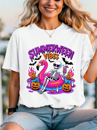Vibrant And Fun Short-Sleeve T-Shirt For Women, Summerween Halloween Skull Flamingo Fun Print T-Shirt, Comfortable And Breathable Fabric, Summer Crew