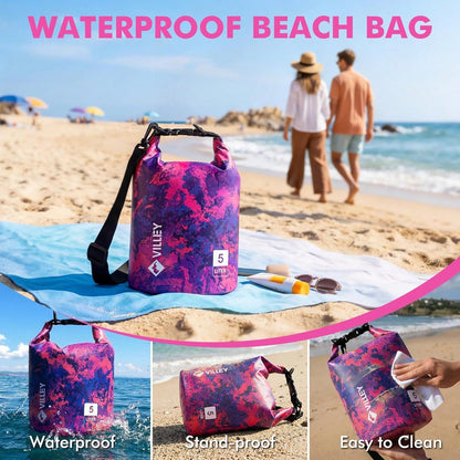 VILLEY Dry Bag Waterproof 5L Roll Top Storage Backpack, Keeps Gear Dry Lightweight Backpack For Kayaking Boating Camping Swimming And Beach Accessories Purple Camo