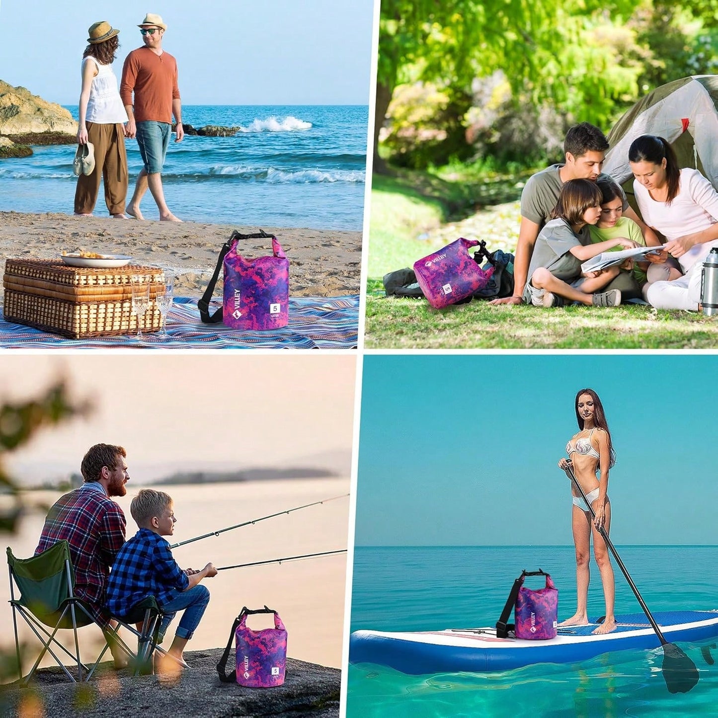 VILLEY Dry Bag Waterproof 5L Roll Top Storage Backpack, Keeps Gear Dry Lightweight Backpack For Kayaking Boating Camping Swimming And Beach Accessories Purple Camo