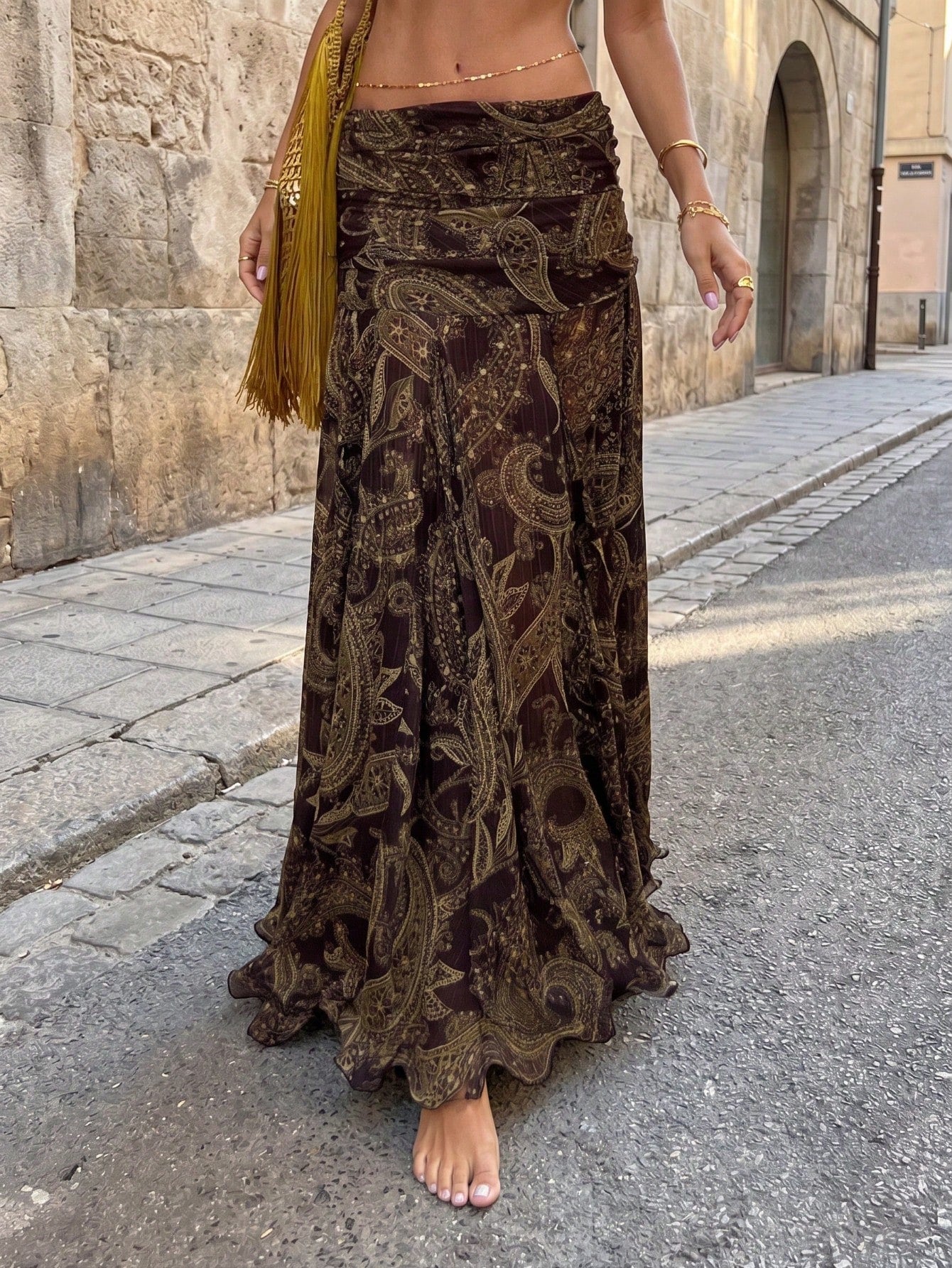 Vintage Cashew Flower Print Mesh Sheer Low Waist Draped Asymmetrical Hem Skirt Summer Brown, Boho Chic