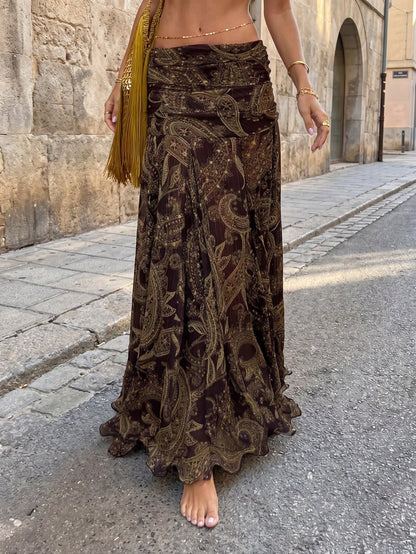 Vintage Cashew Flower Print Mesh Sheer Low Waist Draped Asymmetrical Hem Skirt Summer Brown, Boho Chic