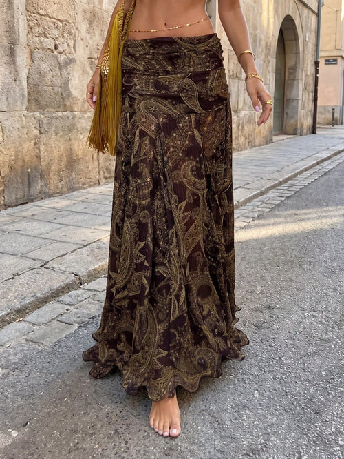 Vintage Cashew Flower Print Mesh Sheer Low Waist Draped Asymmetrical Hem Skirt Summer Brown, Boho Chic