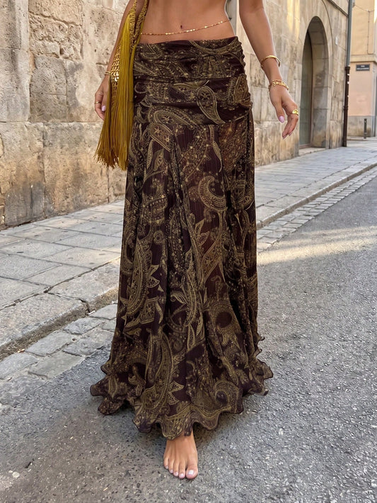 Vintage Cashew Flower Print Mesh Sheer Low Waist Draped Asymmetrical Hem Skirt Summer Brown, Boho Chic